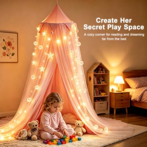 Princess Bed Canopy for Girls with Star Lights