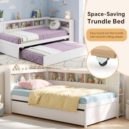 KOMFOTT Twin Size Daybed with Trundle, Trundle Bed with L-Shaped Bookcase