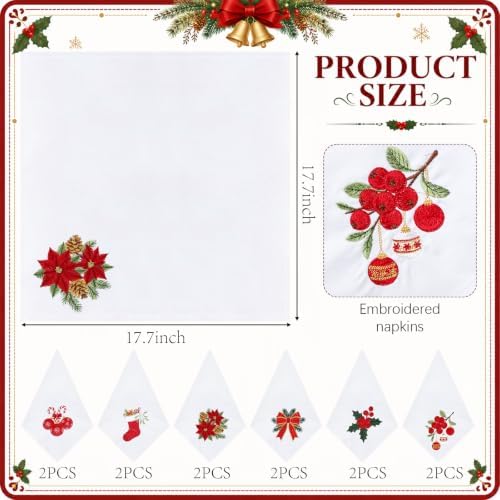 HunnmingRe 12 Pcs Classic Christmas Embroidered Cloth Napkins, 17x17 Inch