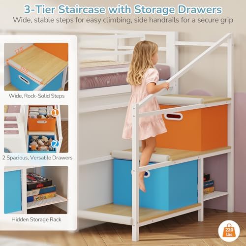 Twin Low Loft Bed with Slide and Safety Staircase, 2 Storage Drawers, Kids Twin Size Loft Bed with LED Lights, Under-Bed Play Tent, Built-in Desk, Metal Loft Bed with Safety Guardrail, White