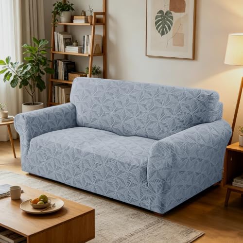 ZNSAYOTX Stretch Couch Cover, 1 Piece Sofa Covers for 2 Cushion Couch, Jacquard Loveseat Slipcovers with Elastic Bottom Thickened Furniture Protector for Dog Cat Pet (Medium, Light Grey)