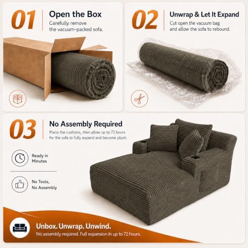 66" Chaise Lounge Chair Indoor, Corduroy Upholstered Reading Chair Oversized Boneless Chair with Deep Seat, Cloud Lounge Chair with 3 Pillows for Living Room, Bedroom, No Assembly Required