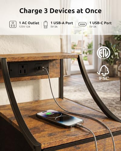 Lazzanto Narrow Nightstand with Charging Station for Bedroom, Dorm