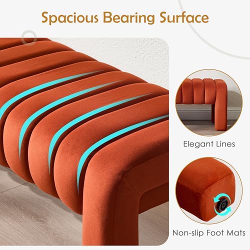 63" Bedroom Bench, Upholstered Entryway Bench, Modern End of Bed Ottoman with Solid Wood Legs and Adjustable Foot Pegs for Entryway, Dining Room and Living Room (Rust Velvet)