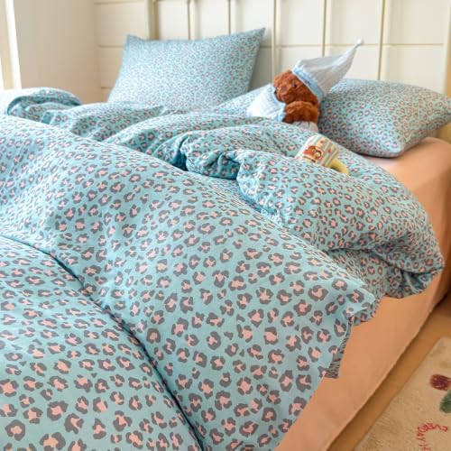 mixinni Blue Pink Leopard Print Duvet Cover Set Twin XL Size, 3 Pcs Cute Retro Cheetah Bedding, 100% Cotton Double Gauze Soft Aesthetic Leopard Duvet Cover with 2 Pillowcases for Girls Teens Women