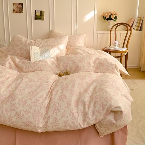 HighBuy French Floral Muslin Duvet Cover Set King Size for Women Girls,Pink Floral Print Princess Bedding Set,Soft 100% Gauze Cotton Muslin Bedding Comforter Cover with Zipper Closure
