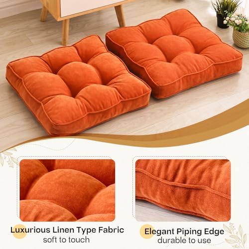 MIDDLE ONE Floor Pillow Set of 2, Memory Foam Cushion 22x22 – Square, Orange