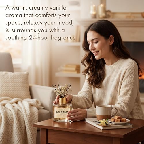 Majestic Pure Warm Vanilla & Caramel Drizzle Reed Diffuser for Home, Bathroom & Office | Natural Aromatherapy Air Freshener & Room Fragrance, with Reed Sticks & Dried Flowers 3.4 fl oz