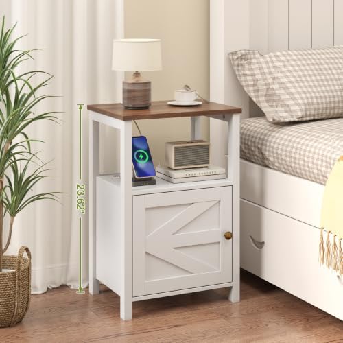 Nightstand Charging Station Barn Door & Bedside Table Storage White 2 Set