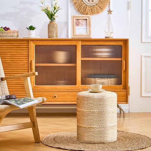 14" Natural Beige Corn Footstool Handwoven Round Pouf Ottomans Accent Seat