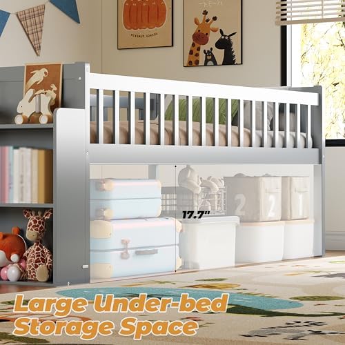 SOFTSEA Twin Size Low Loft Bed with Slide and Guardrails, Wood Loft Bed Frame with Storage Shelves for Kids, Gray