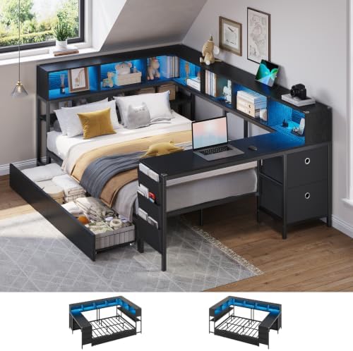 DICTAC Corner Full Bed Frame with Desk, Charging Station and Bookcase Storage, Full Size Platform Bed Frame with Storage Drawers, Led Lights and Shelves, Modern Daybed for Kids, Teens and Adult, Black