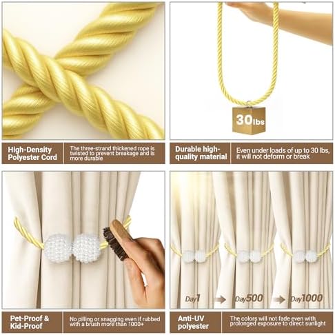 Hion Magnetic Curtain Tiebacks Golden 6pcs, Curtain Holdbacks Hooks Holders
