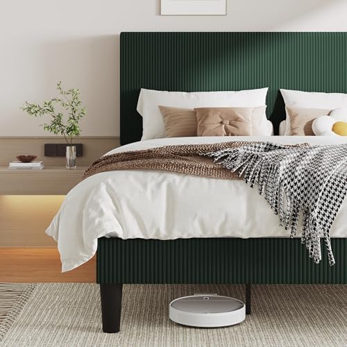 Allewie King Bed Frame, Corduroy Tufted Headboard, Dark Green