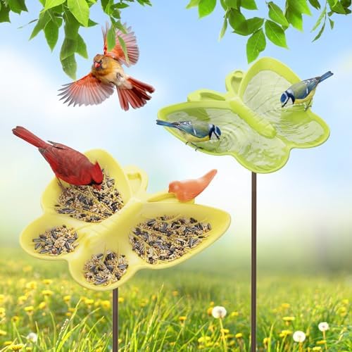 Kinsgyard 2 Pack Free Standing Tray Bird Feeders with Adjustable Pole, Wild Bird Bath for Outdoor Garden Yard Decor, Large Seed Capacity, Easy to Clean and Refill, Yellow & Green