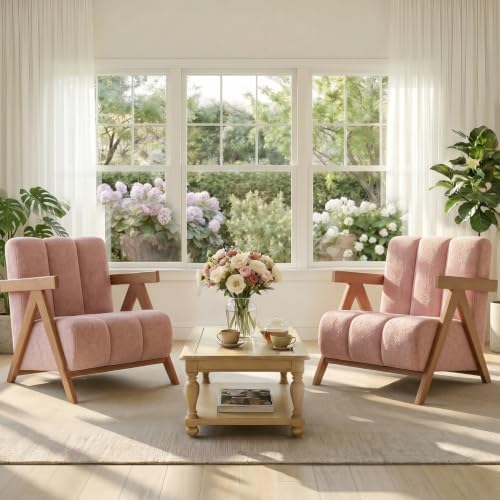 Modern Accent Chair Set of 2 for Living Room Bedroom,Comfy Chenille Reading Chair with Wood Frame,Upholstered Lounge Armchair with Thick High-Elastic Sponge for Apartment & Waiting Room(Blush Pink,2)
