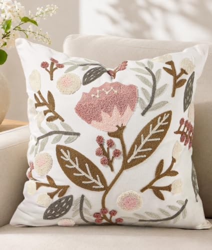 Embroidered Floral Throw Pillow Cover 18x18 Inch, Elegant Flower