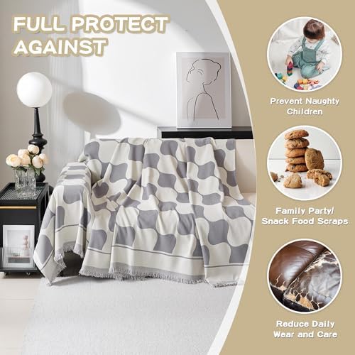 MEETSKY Oversized Couch Cover for Dogs Washable, Jacquard Couch Covers for 3 Cushion Couch Sofa, Sofa Slipcover for Sectional L Shape Chenille Throw Couch for Pets, 91" x 150", Grey Checkerboard