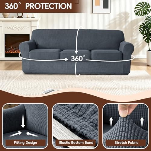 4 Pieces Stretch Couch Covers for 3 Cushion Sofa Cover Decorative Sofa Slipcover Non Slip Washable Thick Soft Elastic Furniture Protector for Pets,(Large, Dark Gray)