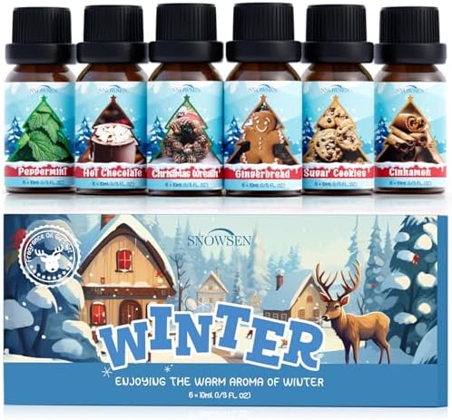 Winter Essential Oil Set, 6x10ml Fragrance Oils for Diffuser & Candle Making - Christmas Wreath, Gingerbread, Sugar Cookies, Hot Chocolate, Peppermint, Cinnamon Aromatherapy Oils for Home