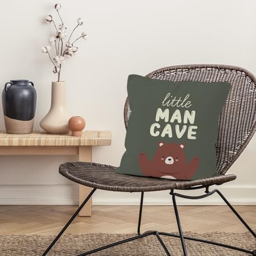 Bear Nursery Decor Throw Pillow Covers 18x18, Little Man Cave Decorative Pillow Covers for Kids Boys Bedroom Room Playroom, Boys Room Decor Accent Pillows Cover Pillowcases