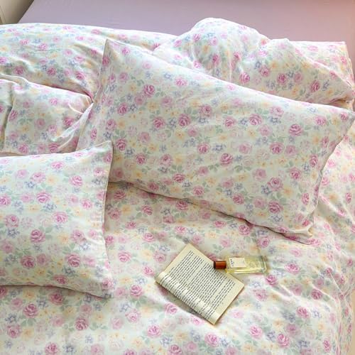 Floral Full Duvet Cover Set Boho Pattern Comforter Cover Full Size Cotton Double Gauze Cottage Zipper Duvet Cover Set with 2 Pillowcases Flower Farmhouse Bedding Set for Girls Duvet Protector