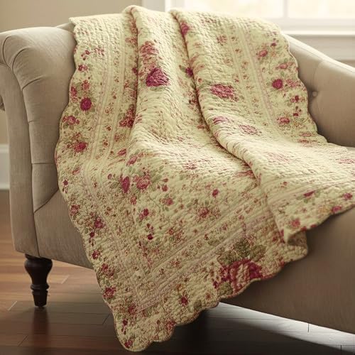Greenland Home Fashions Antique Rose - Classic Traditional Floral - 100% Cotton Quilted Throw Blanket, 50 x 60 inches, Ecru