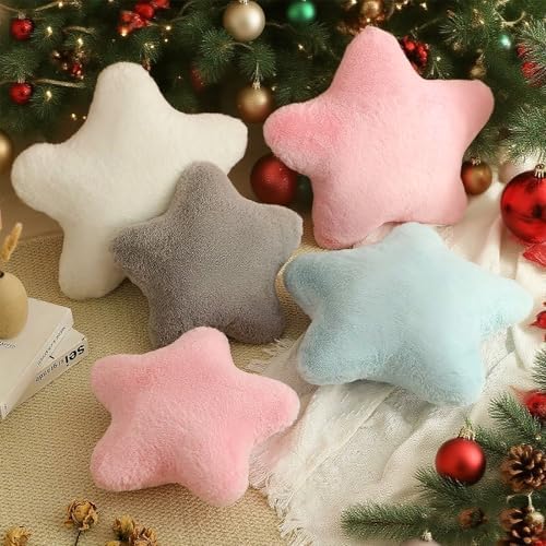 YRXRUS Star Pillows, Christmas Pillows, White Star Shaped Pillow, Gifts, Cute Plush Throw Pillow Room Decor, Fluffy Faux Rabbit Fur 14"x14", Living Bedroom