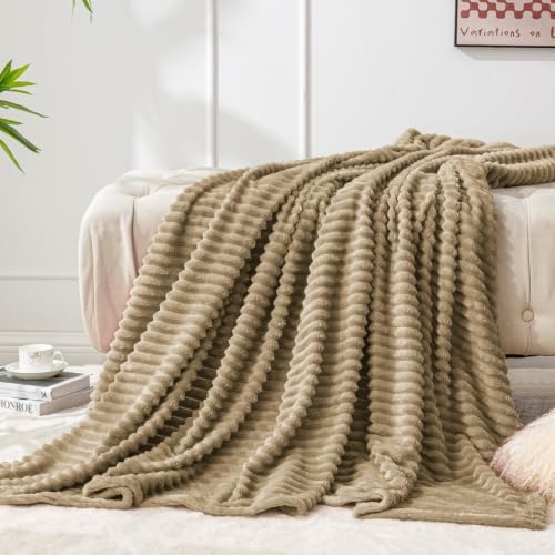 BEDELITE Ribbed Jacquard Brown Fleece Throw Blanket for Couch, 50x70 Inch