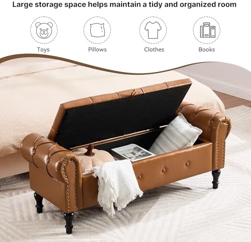 Storage Bench 51" Faux Leather End of Bed Benches Brown