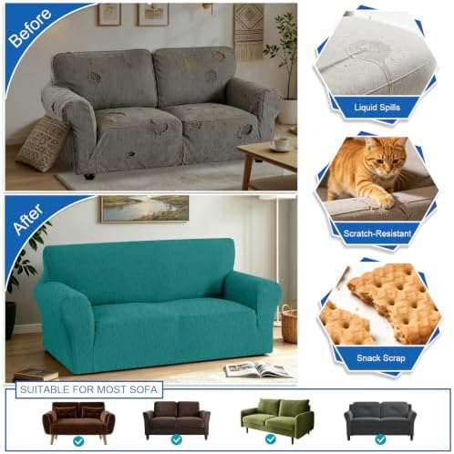 MAXIJIN Waterproof Loveseat Cover Couch Covers (55"-69"), Stretch Love Seat Sofa Slipcovers with Non Slip Elastic Bottom, Dog Pet Friendly Furniture Protector Washable (Medium, Blackish Green)