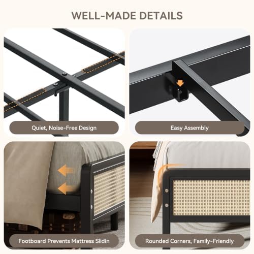 IMMERSTABLE Rattan Full Size Bed Frame with Headboard, Boho Full Metal Platform Bed Frame with Steel Slats, Under Bed Storage, Rounded Corners, No Box Spring Needed, Quiet Design, Easy Assembly, Black