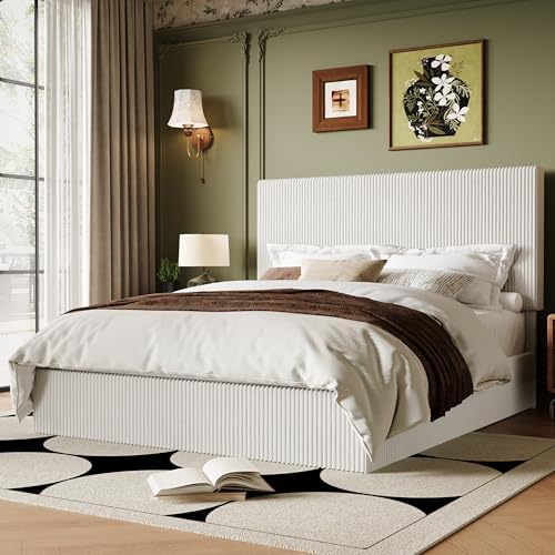 Allewie Full Bed Frame, Adjustable Corduroy Headboard, Platform, White