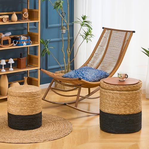 Nested White Round Pouf Ottoman Handwoven Natural Grass Pouffe Rattan Stool