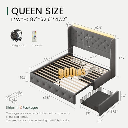 LARMACE Queen Size Bed Frame with LED Lights and 4 Storage Drawers Linen Upholstered Platform Bed Frame with 47.2" Tall Tufted Headboard Wingback, No Box Spring Needed, Easy to Assemble, Grey