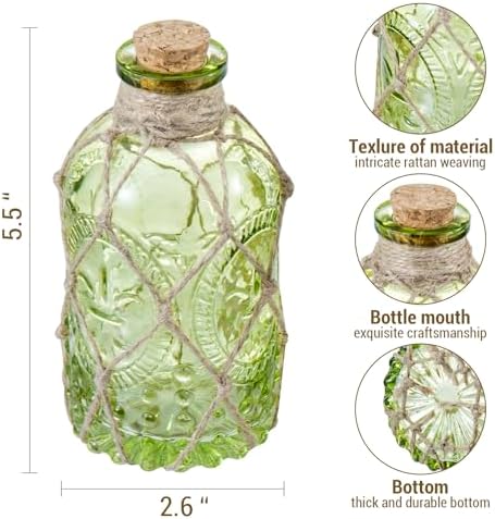 MyGift Set of 2 Vintage Embossed Green Glass Reed Diffuser Bottles with Cork Lids – Decorative Small Flower Bud Vases for Home Fragrance & Tabletop Decor