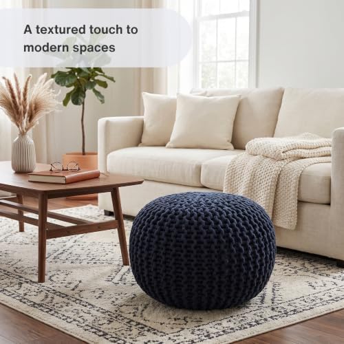 · REDEARTH · Round Ottoman - Hand Knitted Boho Poof Footrest - Navy Blue