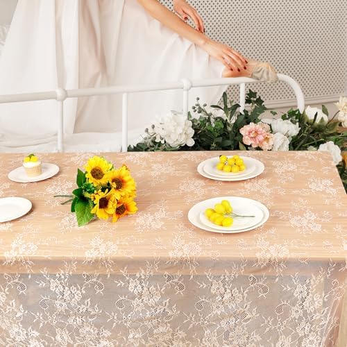 Fowecelt 5 Pcs Ivory Lace Tablecloth 60 X120 Inches Vintage Tablecloth Sheer Overlay Rectangle Floral Embroidered Lace Table Cloths for Rustic Boho Wedding Bridal Shower Party Reception Decoration