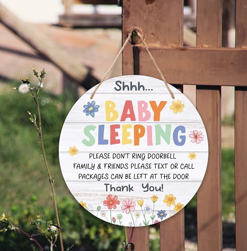 Shhh Baby Sleeping Hanging Sign, FLowers Wooden Round Door Hanger For Baby Room Front Door Nursery Kids Bedroom, Please Do Not Knock Or Ring Doorbell Sign For Outdoor Porch -01