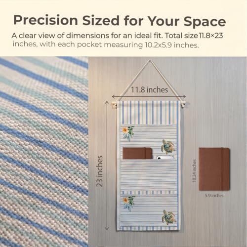 IAXIC Canvas Wall Hanging Organizer with Pockets Fish Extender Hanging Pouch Sea Turtle Stripe Door Closet Organizers Fabric Storage Pockets Wall Decoration