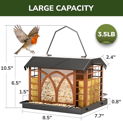 Bird Feeders for Outdoors Hanging, Metal Bird Feeder with Double Suet Cage Weatherproof Metal Roof, 3.5Lbs Large Capacity Great for Attracting Finch Cardinal Chickadee Wild Birds, Pinecone Brown