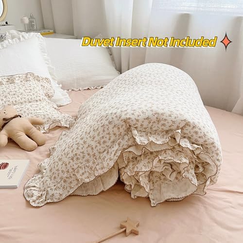 Soft Cotton Muslin Duvet Cover Girls Kids Floral Duvet Cover Beige Crib Bedding Comforter Cover Quilt Cover, 47"x59", Camellia Print (Pillowcases Not Included)
