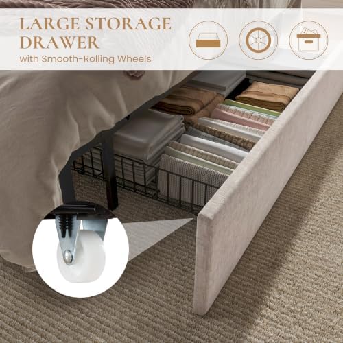 SHA CERLIN King Size Bed Frame with Storage Drawer & LED Lights, Beige