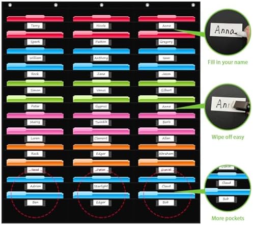 36 Pockets File Storage Pocket Chart with 36 Nametag Pockets, Hanging Wall File Organizer for Classroom and Office, Organize Your Assignments, Files, Scrapbooks, Paper (Black-36 Pockets)