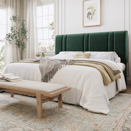 SHA CERLIN King Size Velvet Bed Frame with Adjustable Headboard, Green