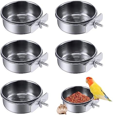 PINVNBY Parrot Feeding Cups Birds Food Dish Stainless Steel Parrot Feeders Water Cage Bowls with Clamp Holder for Cockatiel Conure Budgies Parakeet Macaw Small Animal Chinchilla Pack of 6
