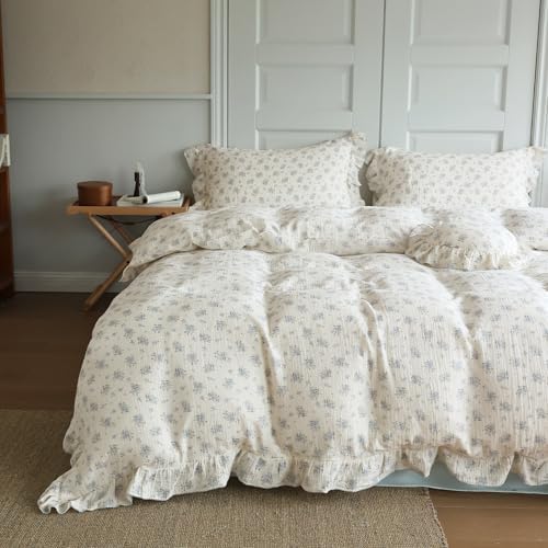 Shabby Chic Blue Floral Duvet Cover King with Ruffles, Freesia Print