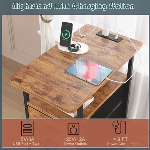 sthmec End Table with Charging Station, Side Tables Livingroom with USB Ports and Outlets,Narrow Nightstands Bedside Tables with 3 Drawers for Small Space,Slim Sofa Table Bedroom,Rustic Brown