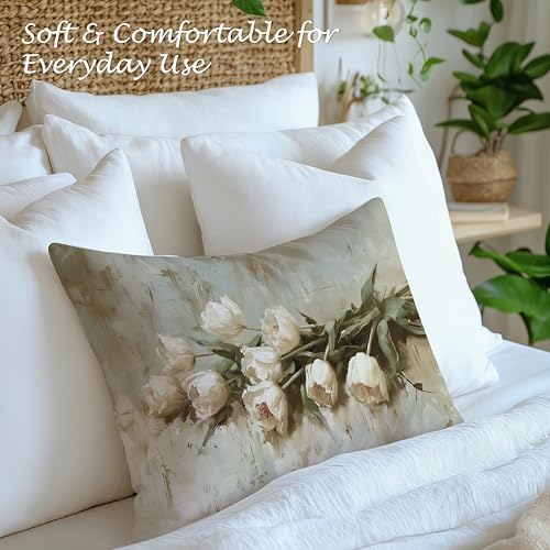 Vintage White Tulip Floral Lumbar Pillow Cover 12x20 Double-Sided, Cottagecore Room Decor, Neutral Farmhouse Spring White Flower Decorative Throw Pillow Cover for Living Room Home Bedroom