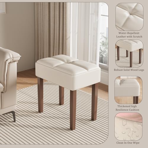 EOSVALO Leather Vanity Stool, 18.7 Inch Wide Rectangle Ottoman Bench for Makeup Room, Vanity Chair with Wood Legs for Piano Room, Bedroom,Living Room with Customizable (Cream)
